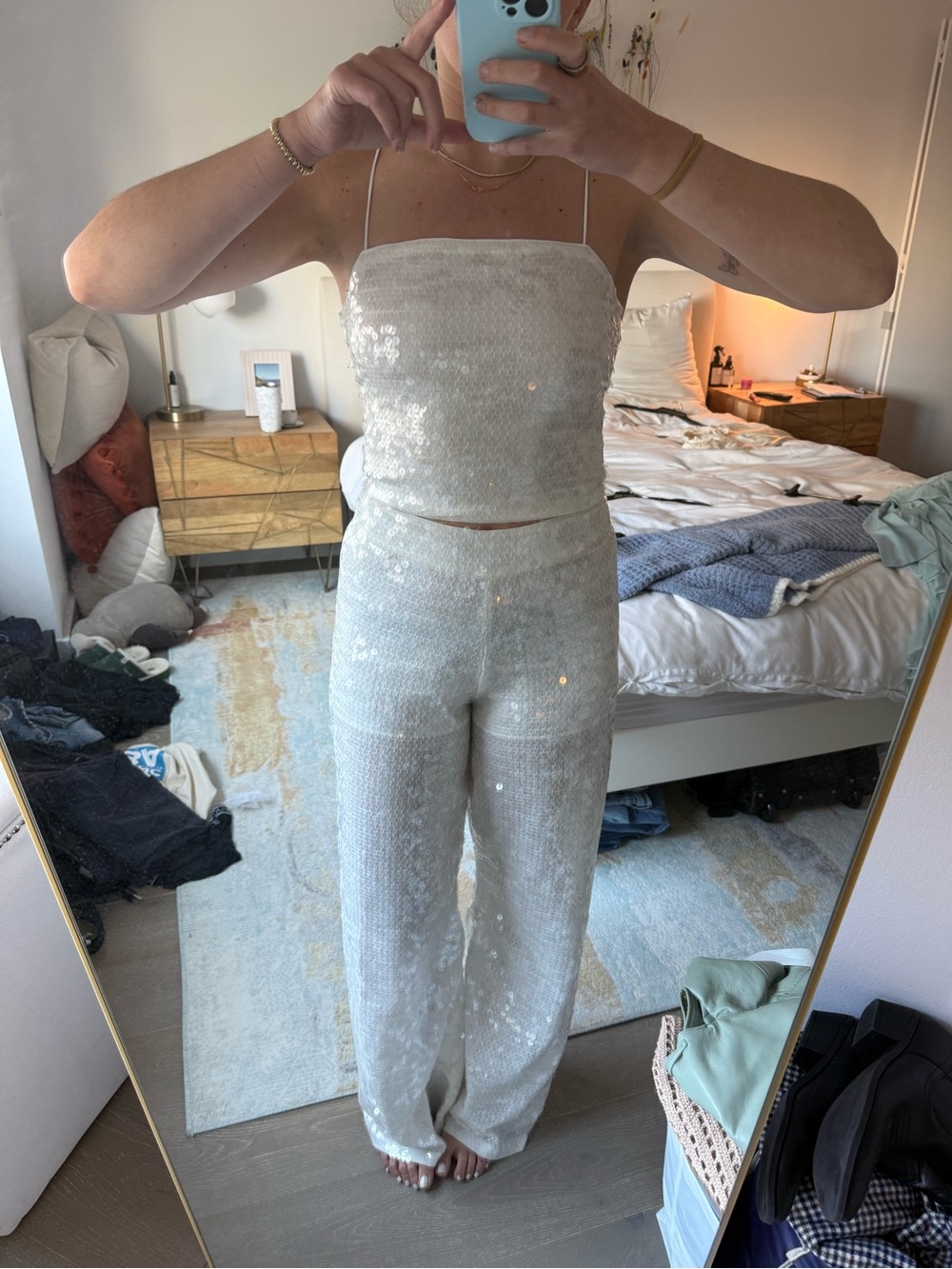 Alice + Olivia White Sequin Strapless Crop Top & Wide-Leg Pants Set